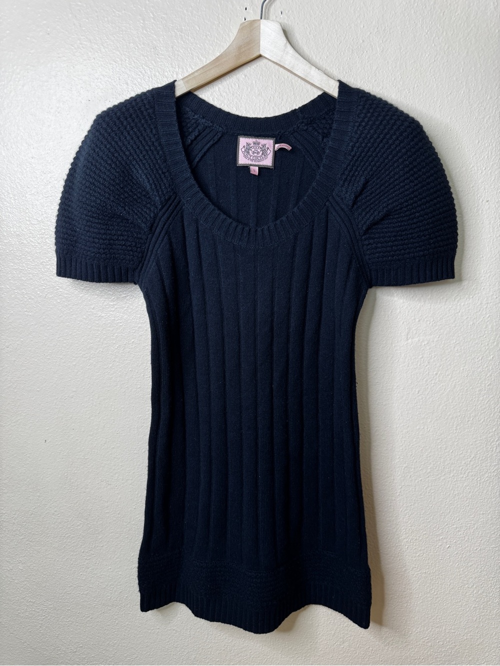 Juicy Couture Black Wool Cashmere Knit Sweater Dress Puff Sleeves Small Y2K